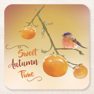 Sweet Autumn Orange Persimmon Fruits & Bird Square Paper Coaster