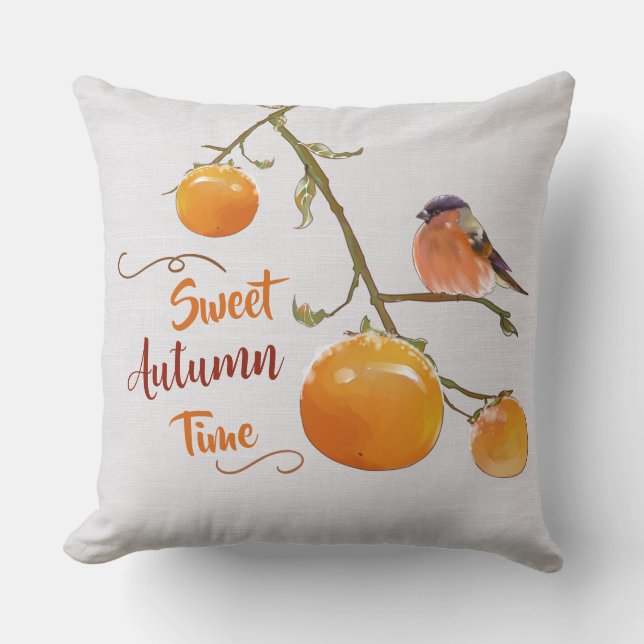 Sweet Autumn Orange Persimmon Fruits & Bird Throw Pillow (Front)