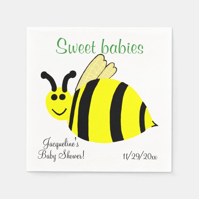 Sweet Babies Yellow Bumble Bee Twins Baby Shower Paper Napkins (Front)