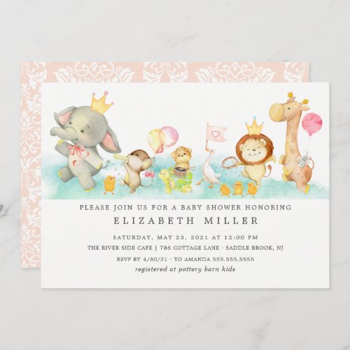 Sweet Baby Animals Parade Baby Shower Invitation - Adorable baby shower invitation featuring a parade of animals with crowns, balloons, musical instruments & bunting banners. Perfect design for a virtual drive by baby shower.