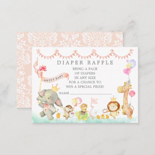 Sweet Baby Animals Parade  Diaper Raffle Ticket Enclosure Card - Adorable baby shower design featuring a parade of animals with crowns, balloons, musical instruments & bunting banners. Perfect design for a virtual drive by baby shower.