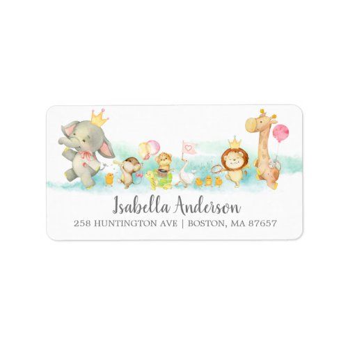 Sweet Baby Animals Parade Shower Address Label - Adorable baby shower invitation featuring a parade of animals with crowns, balloons, musical instruments & bunting banners. Perfect design for a virtual drive by baby shower.