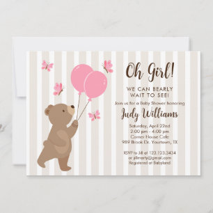 Sweet Baby Bear balloons Girl Shower Invitation