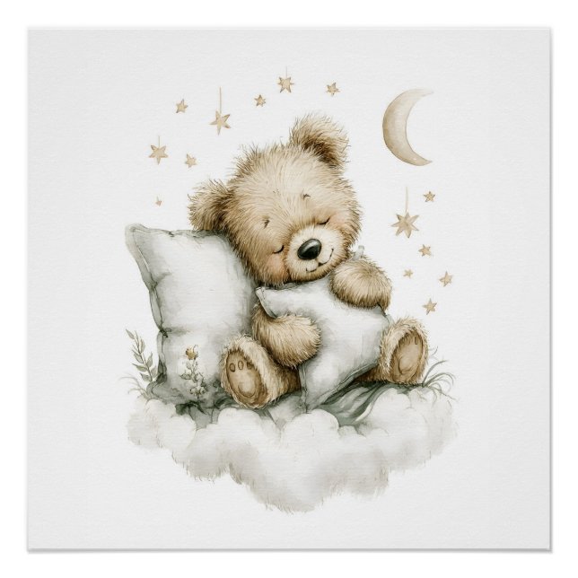 Sweet baby bear fast asleep on fluffy clouds poster (Front)