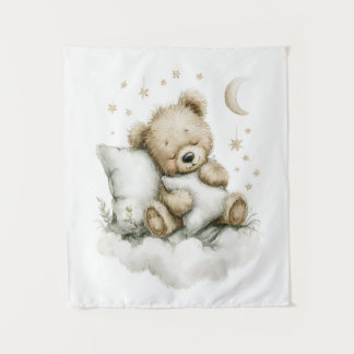 Sweet baby bear fast asleep on fluffy clouds tapestry