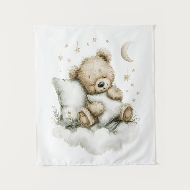 Sweet baby bear fast asleep on fluffy clouds tapestry (Front)