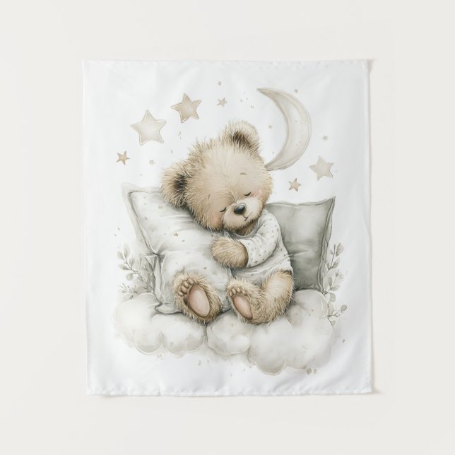 Sweet baby bear fast asleep on fluffy clouds tapestry (Front)