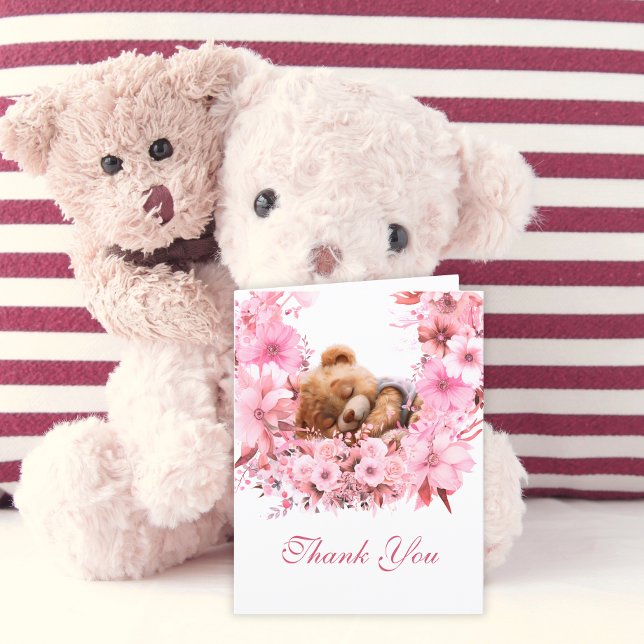 Sweet Baby Bear Pink Floral Thank You Card (Creator Uploaded)