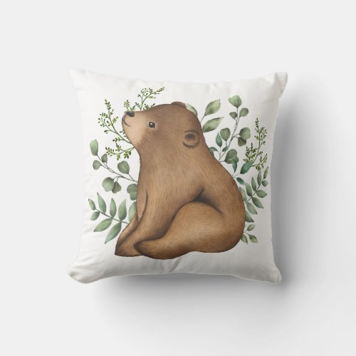 Sweet Baby Bear Woodland Forest Greenery Nursery Throw Pillow