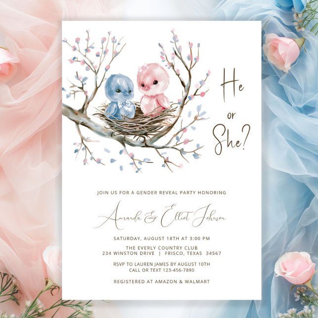 Sweet Baby Birds Gender Reveal Party Invitation (Sweet baby birds in a nest on a pretty pink and blue flower tree branch gender reveal invitation. )