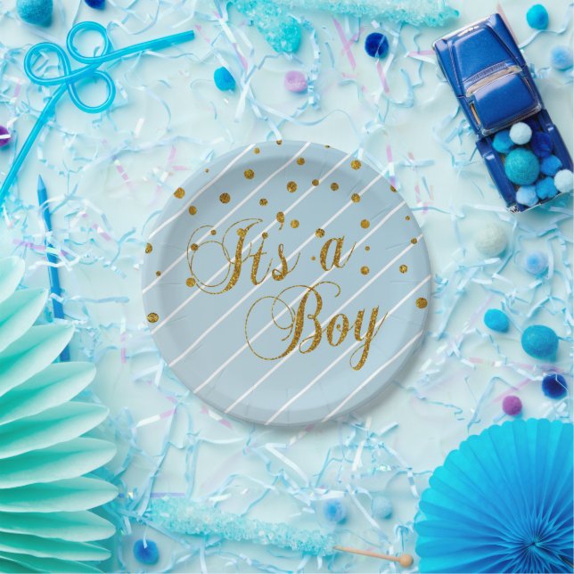 Sweet Baby Blue and Gold Confetti Paper Plates (Party)