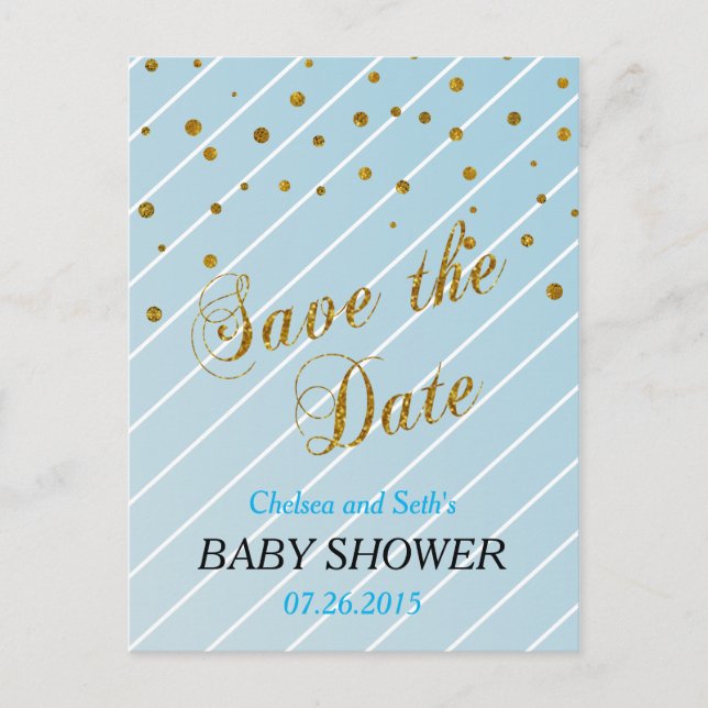Sweet Baby Blue and Gold Confetti - Save the Date Announcement Postcard (Front)
