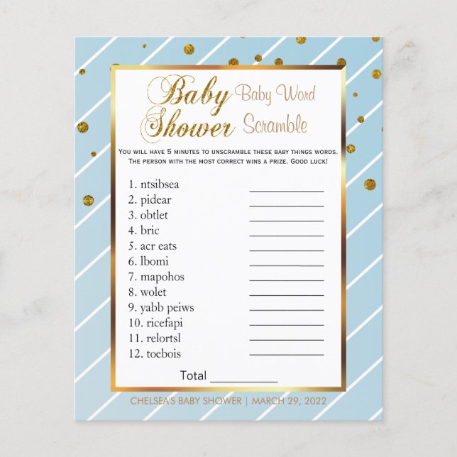 Sweet Baby Blue and Gold Confetti - Word Scramble Flyer (Front)