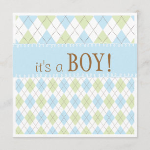 Sweet Baby Blue Argyle It's a Boy Baby Shower Invitation