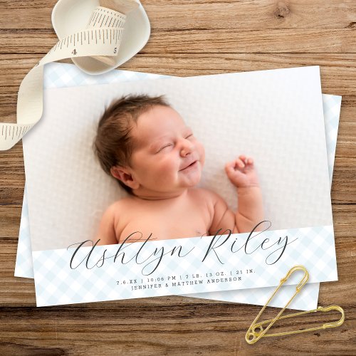 Sweet Baby Blue Gingham Pattern Birth Announcement