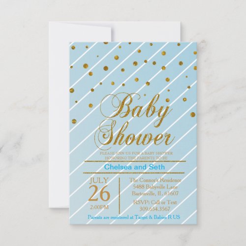 Sweet Baby Blue  Gold Confetti  Baby Shower Invitation