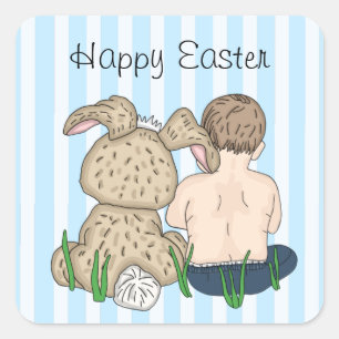 Sweet Baby Boy and Easter Bunny Happy Easter Square Sticker