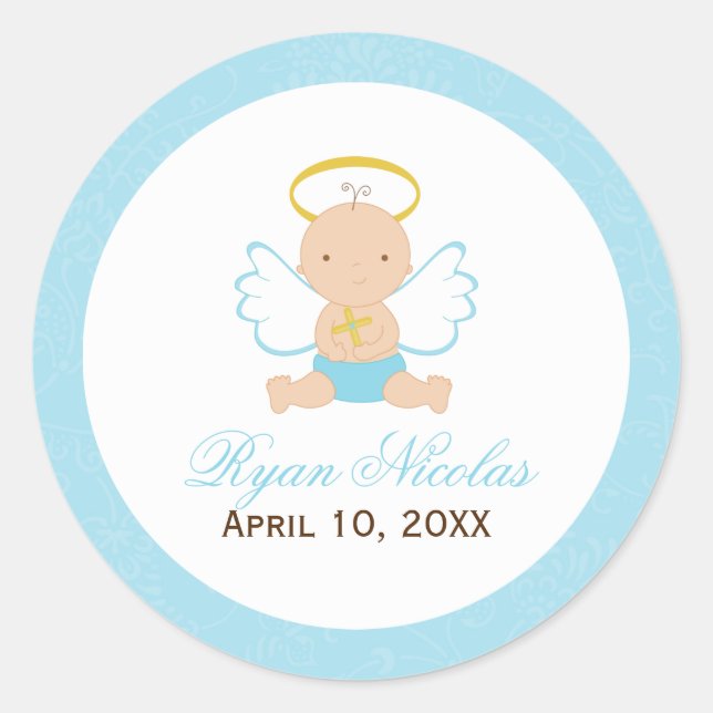 Sweet Baby Boy Baptism Classic Round Sticker (Front)