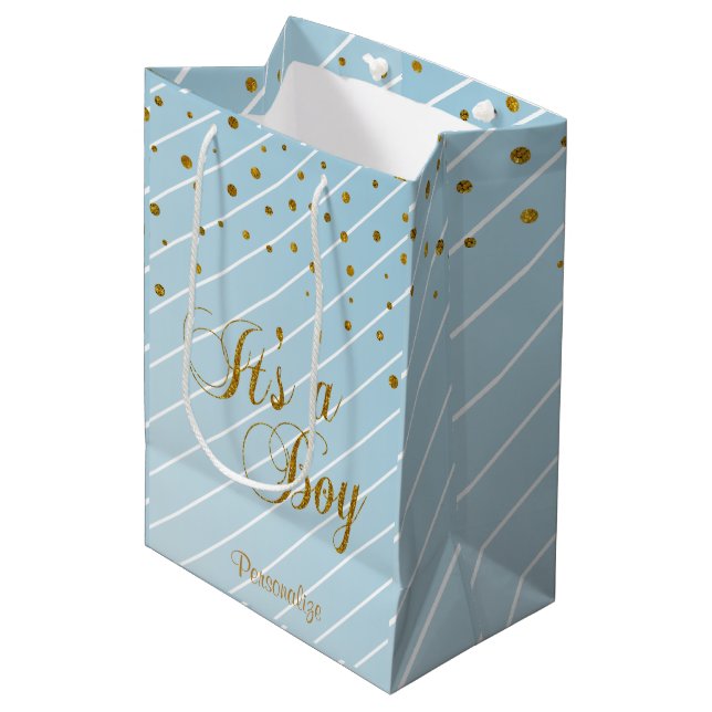 Sweet Baby Boy Blue and Gold Confetti Medium Gift Bag (Front Angled)