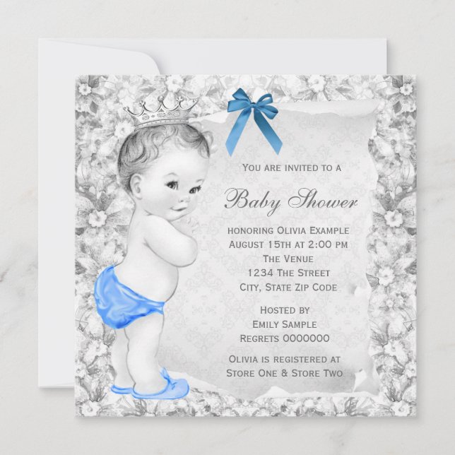 Sweet Baby Boy Blue and Gray Baby Shower Invitation (Front)