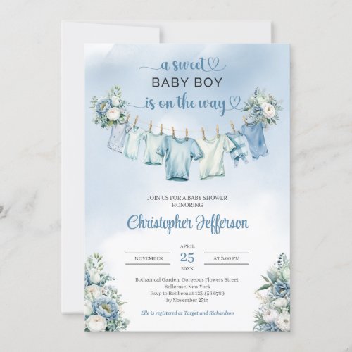 Sweet baby boy blue clothesline baby shower invitation