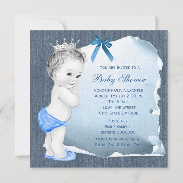 Sweet Baby Boy Blue Denim Baby Shower Invitation (Front)