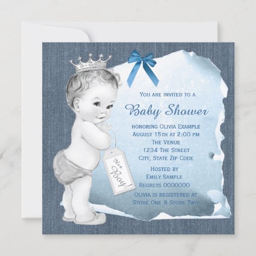 Sweet Baby Boy Blue Denim Baby Shower Invite