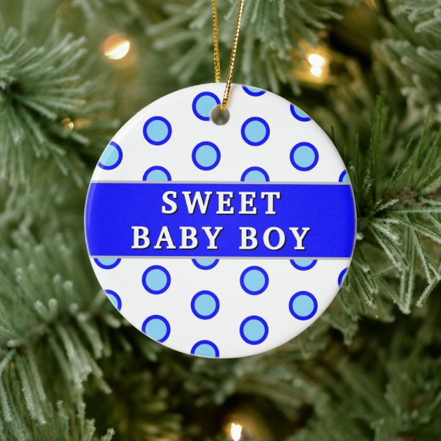 Sweet Baby Boy Blue Polka Dots Birth Stats  Ceramic Ornament (Tree)