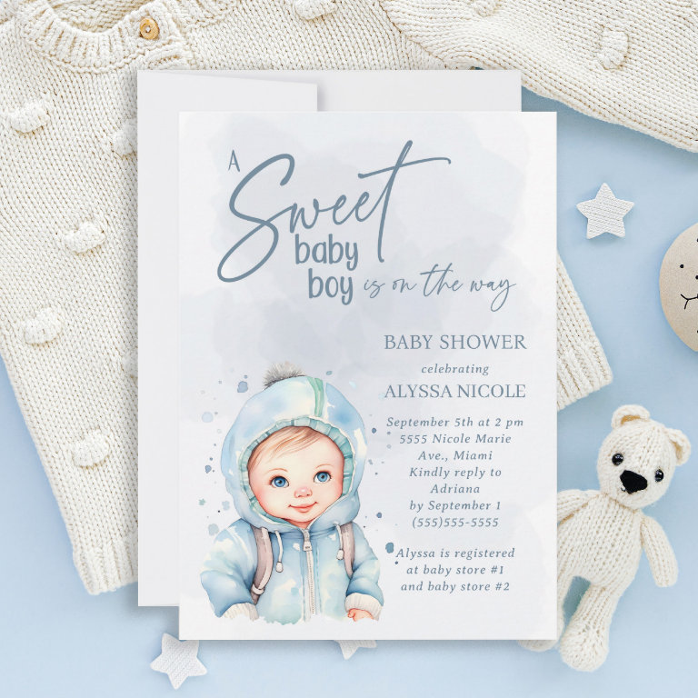 Sweet Baby Boy Blue Script Baby Shower Invitation