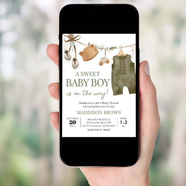 Sweet Baby Boy Boho Clothes Baby Shower Invitation (Front Digital)