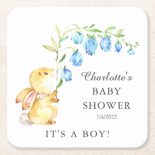 Sweet Baby Boy Bunny Baby Shower  Square Paper Coaster