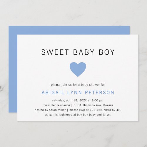 Sweet Baby Boy Cute Pastel Blue Heart Baby Shower Invitation
