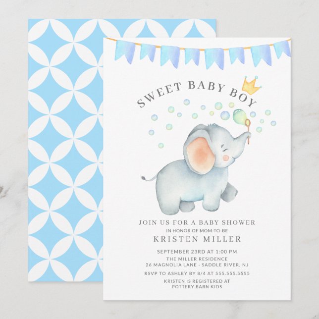 Sweet Baby Boy Elephant Baby Shower Invitation (Front/Back)