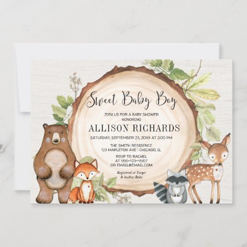 Sweet baby boy forest friends woodland baby shower invitation