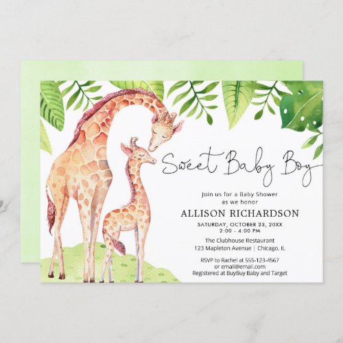 Sweet Baby Boy giraffe greenery safari baby shower Invitation