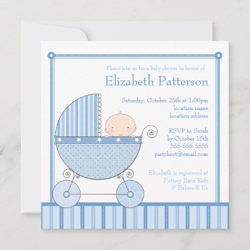 Sweet Baby Boy in Carriage Baby Shower in Blue Invitation