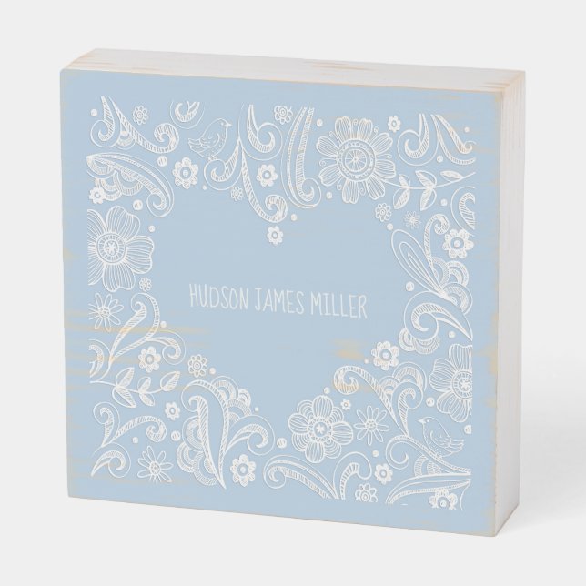 Sweet Baby Boy NAME Blue White Heart Floral Doodle Wooden Box Sign (Angled Horizontal)