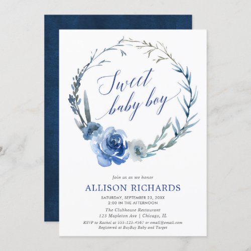 Sweet baby boy navy blue floral watercolor wreath invitation
