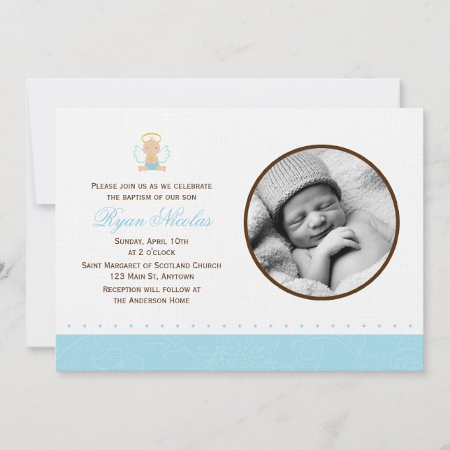 Sweet Baby Boy Photo Baptism Invitation (Front)