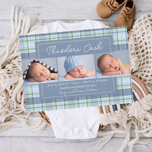 Sweet Baby Boy Plaid Baby Birth Announcement (Blue Baby Birth Announcement, boy birth announcement, birth announcement template, plaid birth )