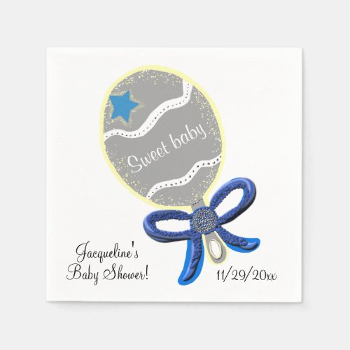 Sweet Baby Boy Rattle Blue Bow Baby Shower Paper Napkins