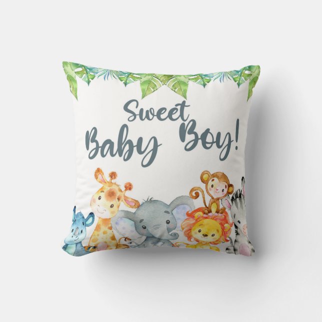 Sweet Baby Boy safari animals baby shower pillow. Throw Pillow (Front)