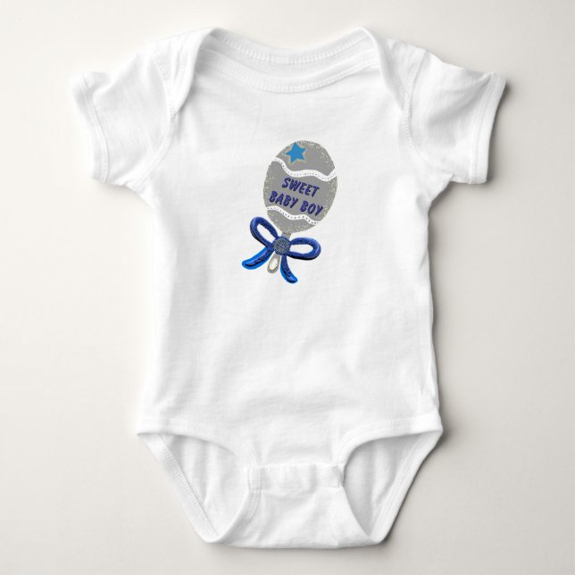 Sweet Baby Boy Silver Blue Rattle  Baby Bodysuit (Front)