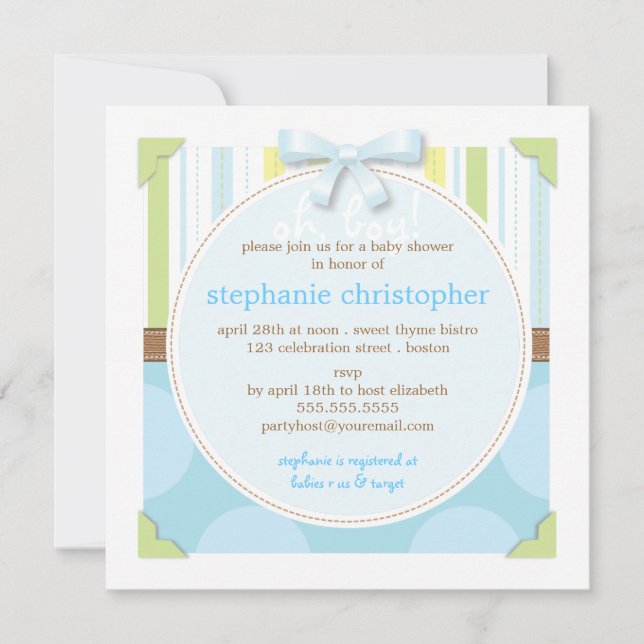 Sweet Baby Boy Stripes & Polka Dot Baby Shower Invitation (Front)