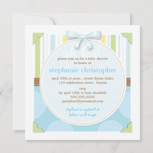Sweet Baby Boy Stripes &amp; Polka Dot Baby Shower Personalized Invitation