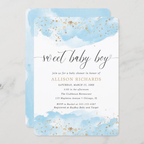 Sweet baby boy watercolor blue gold shower invitation