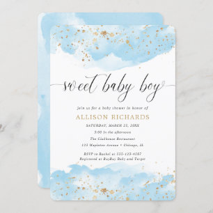 Sweet baby boy watercolor blue gold shower invitation