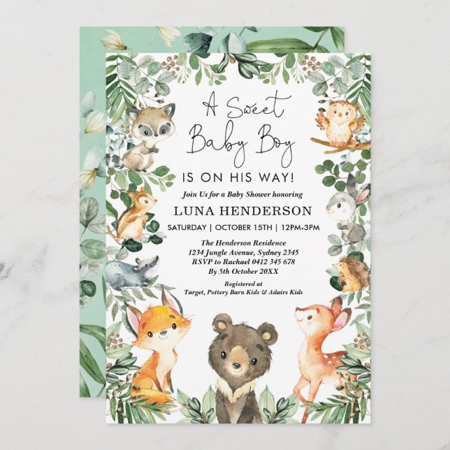 Sweet Baby Boy Woodland Forest Animals Baby Shower Invitation (Front/Back)