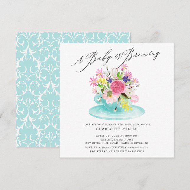 Sweet Baby Brewing Floral Baby Tea Invitation (Front/Back)