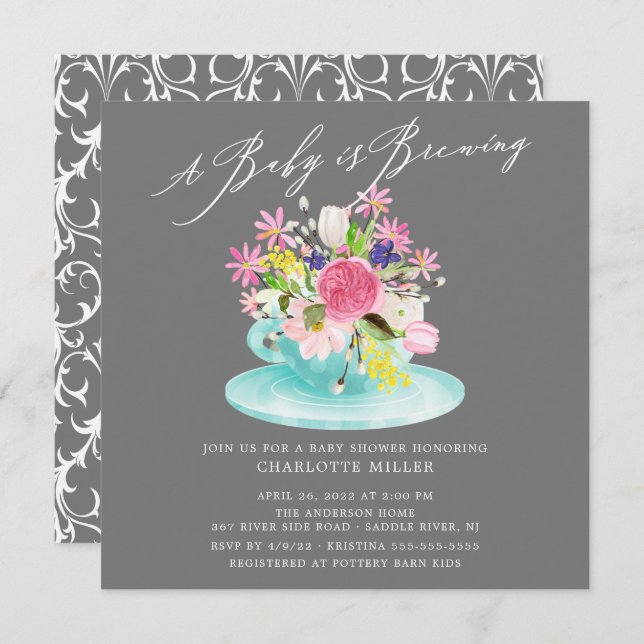 Sweet Baby Brewing Floral Baby Tea Invitation (Front/Back)